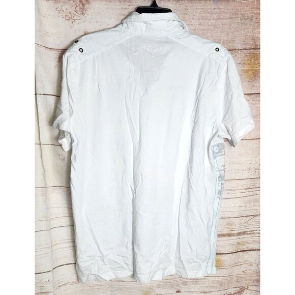 Project Raw Large White Designer Polo Shirt With Graphic Print & Button-Up - Picture 3 of 10